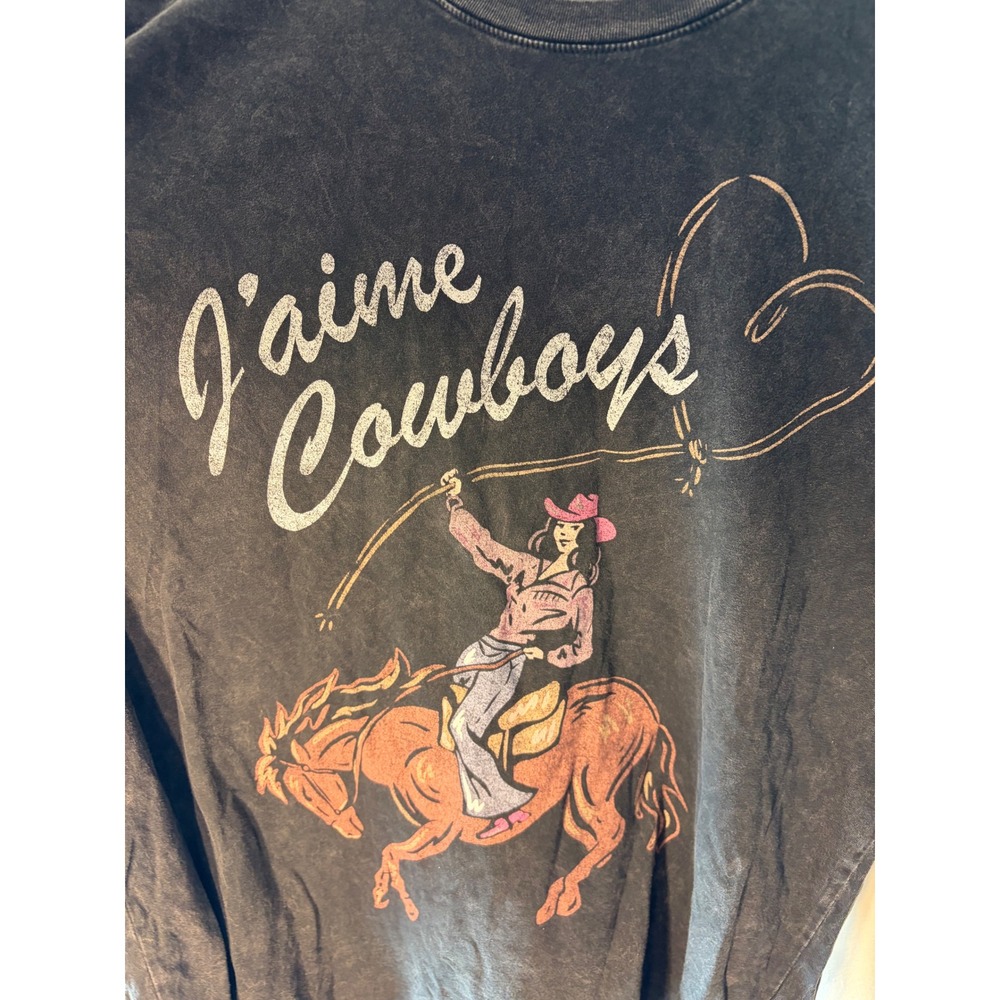 Hollister Womens J'aime Cowboys Graphic T-Shirt Acid Wash Grey Large Cowgirl Tee